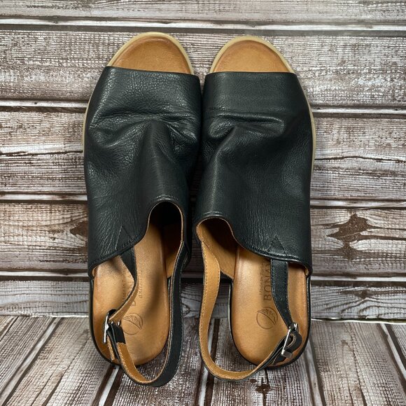 BONAVI SOFIA Womens 7.5 (EUR 38) Black Leather Wedge Ankle Strap Sandal Shoe EUC - Picture 7 of 9